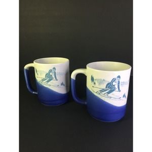 Set of 2 Vintage OTAGIRI Downhill Skier Mountain Stoneware POTTERY Coffee Mug